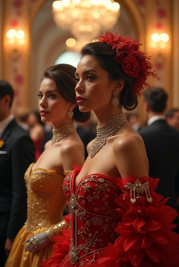At the charity event, recreated in the style of photorealism, the hall is filled with a high society glamorous atmosphere. Elegant ladies in sumptuous outfits with plumes and diamonds glitter against the backdrop of an exquisite interior filled with flowers and candles. In their company whispered refined conversations and sounds of music create an atmosphere of magic.
Supported by solid gentlemen, in expensive suits and with exquisite accessories, delicately communicate with ladies, surrounding them with care and attention. Their confident movements and noble manners captivate the eye, creating the impression of powerful and influential personalities.
Anthropomorphic cyborgs stand out among the guests, blending into the crowd indistinguishable from real people. Their metallic details and cybernetic patterns attract attention and draw interesting glances. Their presence adds mystery and wonder to the already rich festive atmosphere of the charity event, best quality, high quality, absurdres, masterpiece, beautiful, intricate details, 1/2 body crop, slim body, beautiful figure, magnificent anatomy, (intricate details:1.12), HDR, (intricate details, hyper-detailing:1.15), (natural skin textures, hyper realisitc, soft light, Sharp:1.2)