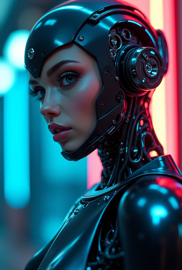 front view, a sexy female robot,glossy metallic body, glowing blue circuitry, beautiful detailed eyes,beautiful detailed lips,extremely detailed face and skin,long eyelashes,seductive pose,intricate mechanical details,futuristic sci-fi setting,dramatic lighting,cinematic composition,(best quality,4k,8k,highres,masterpiece:1.2),ultra-detailed,(realistic,photorealistic,photo-realistic:1.37),highly detailed, cinematic, dramatic lighting,vibrant neon colors