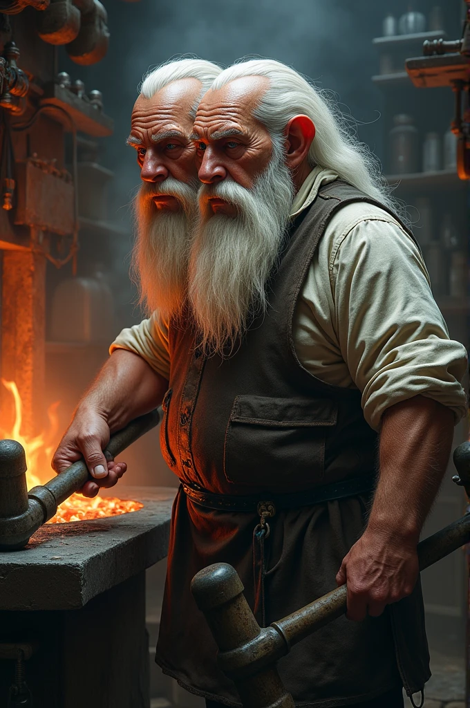 (He is a character from Dungeons and Dragons He is a person who suffers from craniopagus That is to say, He has a little extra head, he has it stuck to his neck. is fat., white, tiene el pelo white largo, He is a person over 50 years old. He is a blacksmith.