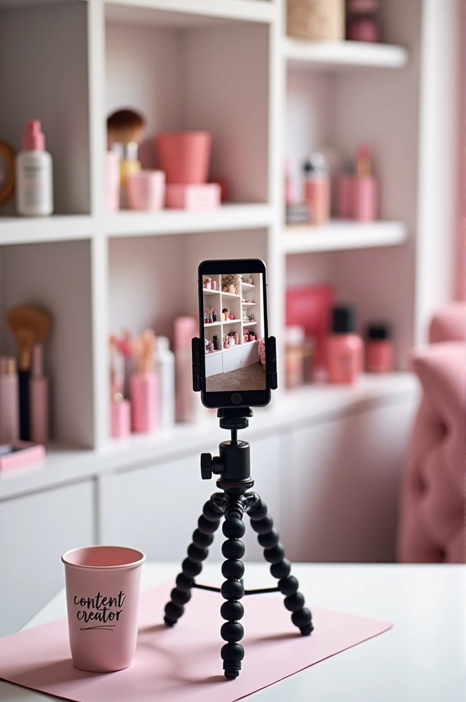 Create a background in a room where there is a white shelf with different hair makeup face products, where is a tripod with a phone and a light to record the phone is on its back so that my name is never a little out of focus Darlenys Where do I have a cup that says content creator and where is Pink and white the products can be of different colors colors