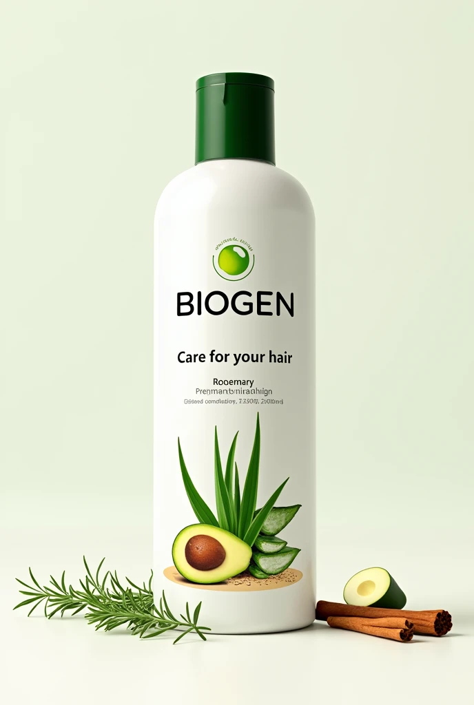 shampoo label , that has BioGen as its brand , below the brand the description , care for your hair , Below this description it says natural ingredients and below it a drawing of Aloe vera leaves ,Two bunches of rosemary on the sides and avocado seed plus cinnamon