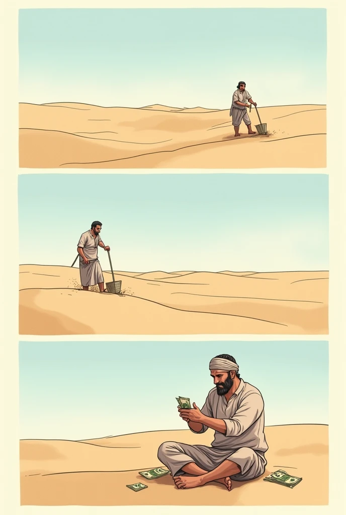 A comic where the first scene is an empty sand field, in the second a man working in this field and in the third the same man counting money. But create it as a more relaxed art without too many details.