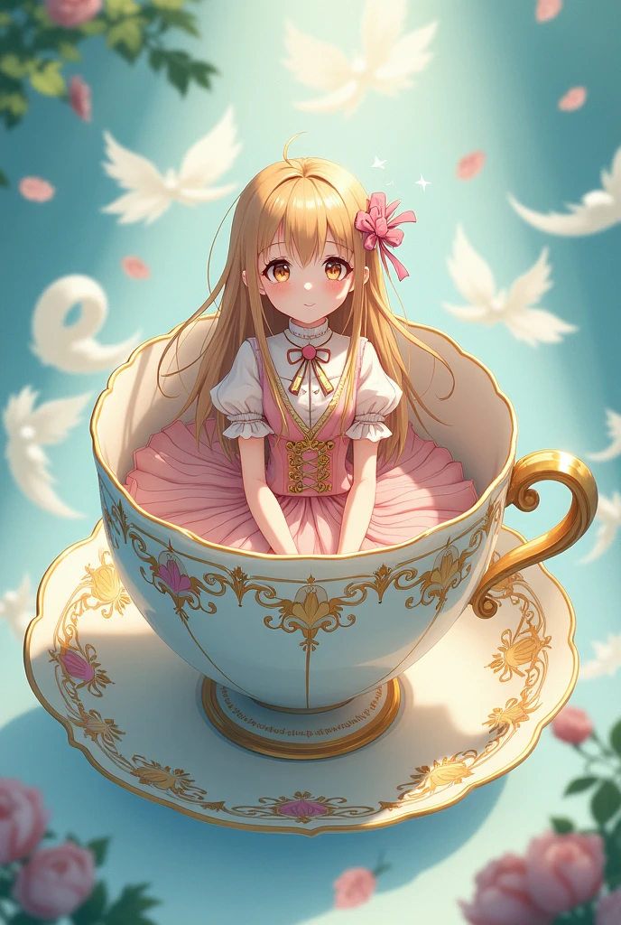 anime girl sitting in a tea cup