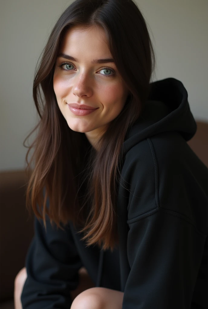 dark brown hair、straight hair、full body 、teaing smile、 she wears a black hoodie.、overknee socks、adult german woman、blue eyes 、leaning on a couch、young german woman、wide angle、 she has blue eyes.、