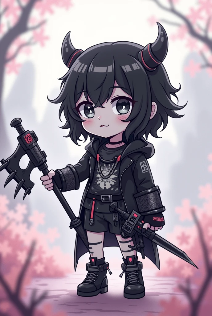 Black and White, Zombie warrior holding Gothicpunk weapons. anime pastel dream. kawaiitech pastel colors, moecore. chibicore. soft cute shoujo anime style.