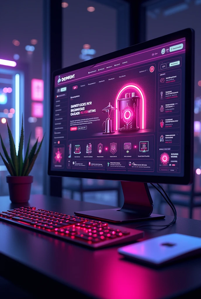 create an image that represents the interface of a website that sells products. I want elements in dark purple, roxo e rosa, represent technology. the interface has to be inside a computer screen seen in perspective, add elements that refer to the technological era

