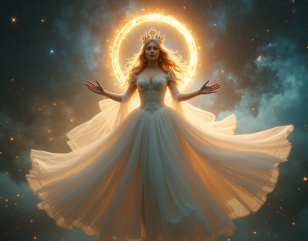 asian, Top quality, realistic, very delicate and beautiful, RAW photos, professional lighting, face lighting, depth of field, single focal, whole body, 1 woman, a beautiful omnipotent divine mother goddess of all creation, floating in galaxy, wearing puffy wide extra billowing ballgown, with golden divine halo circle behind back, best quality, masterpiece, beautiful, detailed face, looking at viewer, lipstick, transparent flowing veil, giant round crown, gigantic breasts, long elbow gloves, infinity symbol,