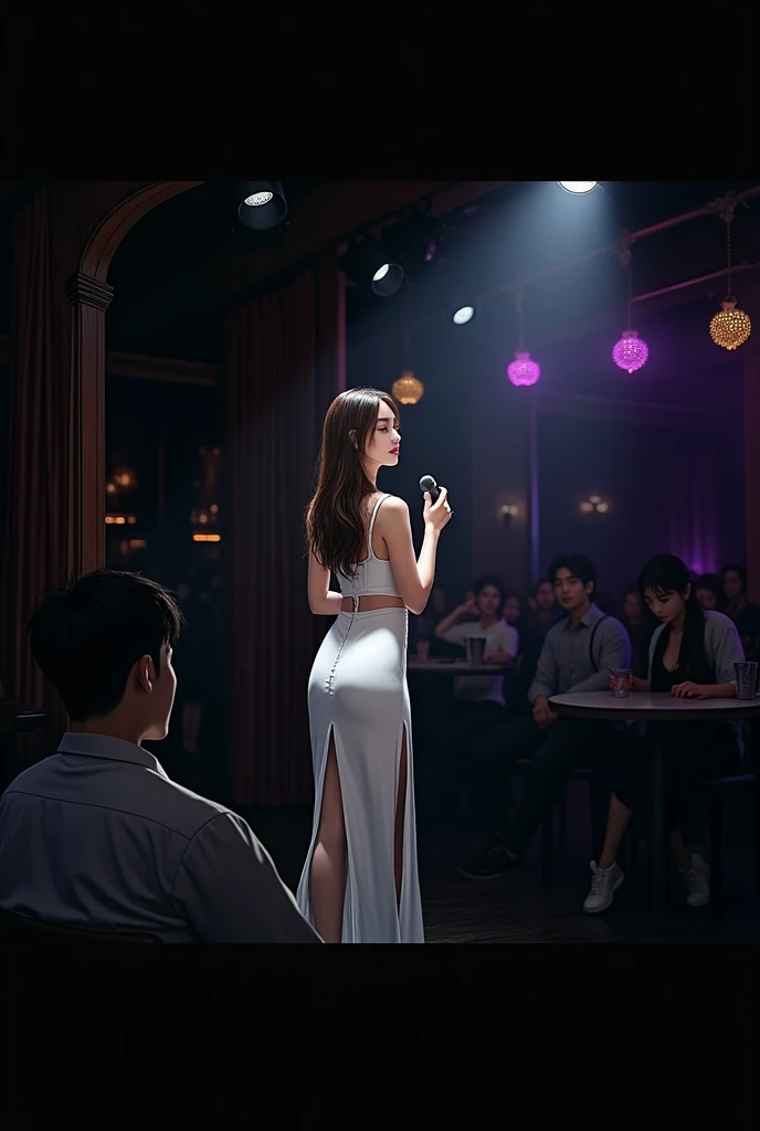 create a drawing image where a woman with delicate features is singing on a stage in a bar, she wears a long white dress, with slit in the leg, the hair is brown and long to the hips. In the audience is a Korean man, wearing casual clothes.The bar is intimate, with purple low lights