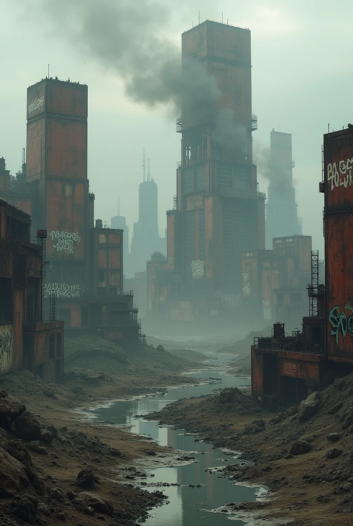 A bleak dystopian landscape in a desolate future. Ruined skyscrapers, rusty and semi-collapsed, They rise under a grey sky covered with dense clouds. The land is devastated, with craters and destroyed structures, and remains of abandoned vehicles are scattered. Dark smoke rises from decaying factories, polluting the air. In the empty streets, Signs of struggle and resistance are present, with graffiti that cry out for freedom. Rivers of contaminated water flow through the rubble, reflecting a world where humanity struggles to survive in a hostile and hopeless environment.