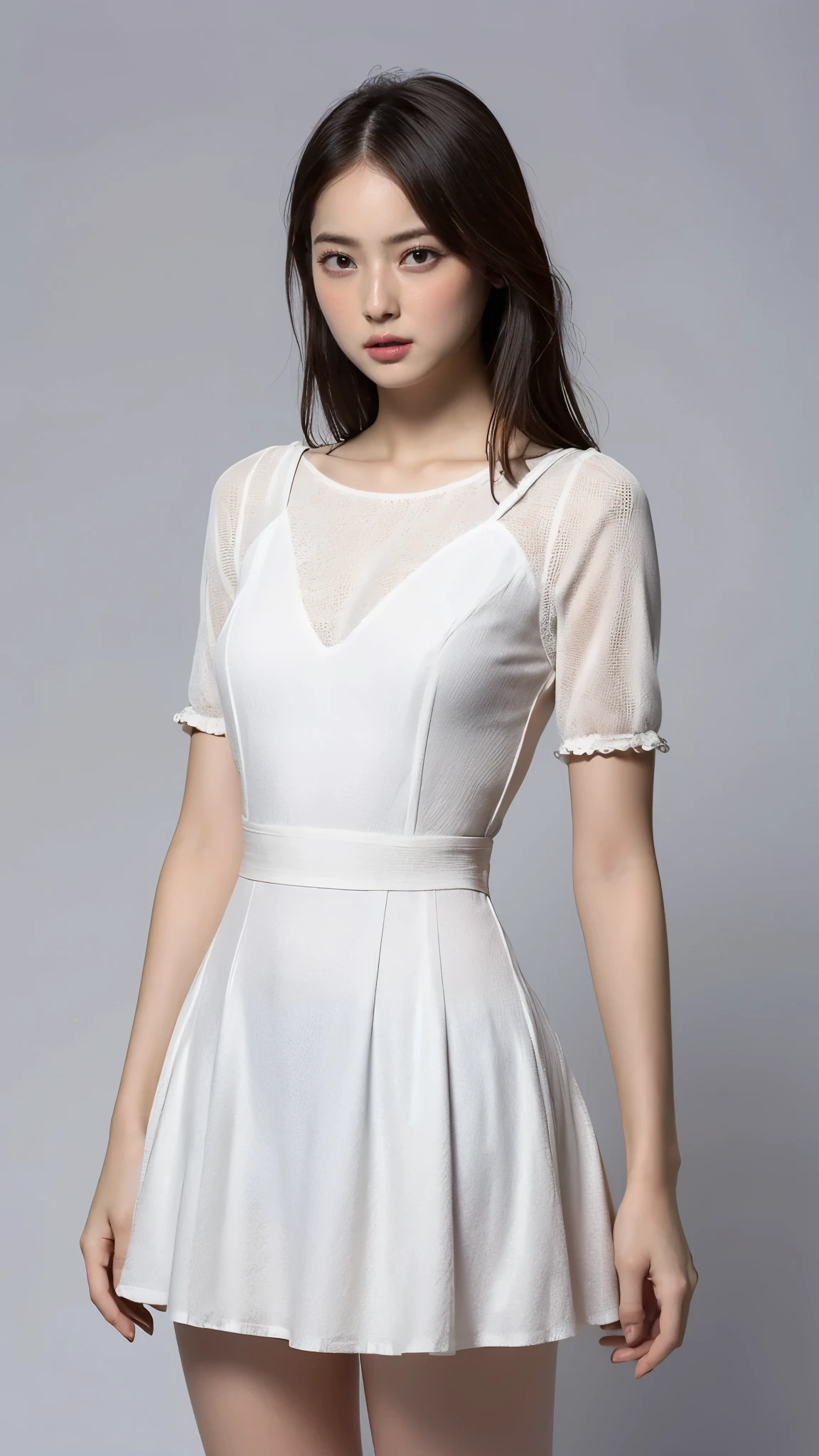 Highest quality,masterpiece,Ultra-high resolution,(Actual:1.4),Original photo,Ultra-high resolution,8K,There are also women,Fair skin、Transparent short-sleeved one-piece white dress ,long length skirts.
Long legs:1.5,Bright and beautiful,high waist,Flashy makeup,Gray background,