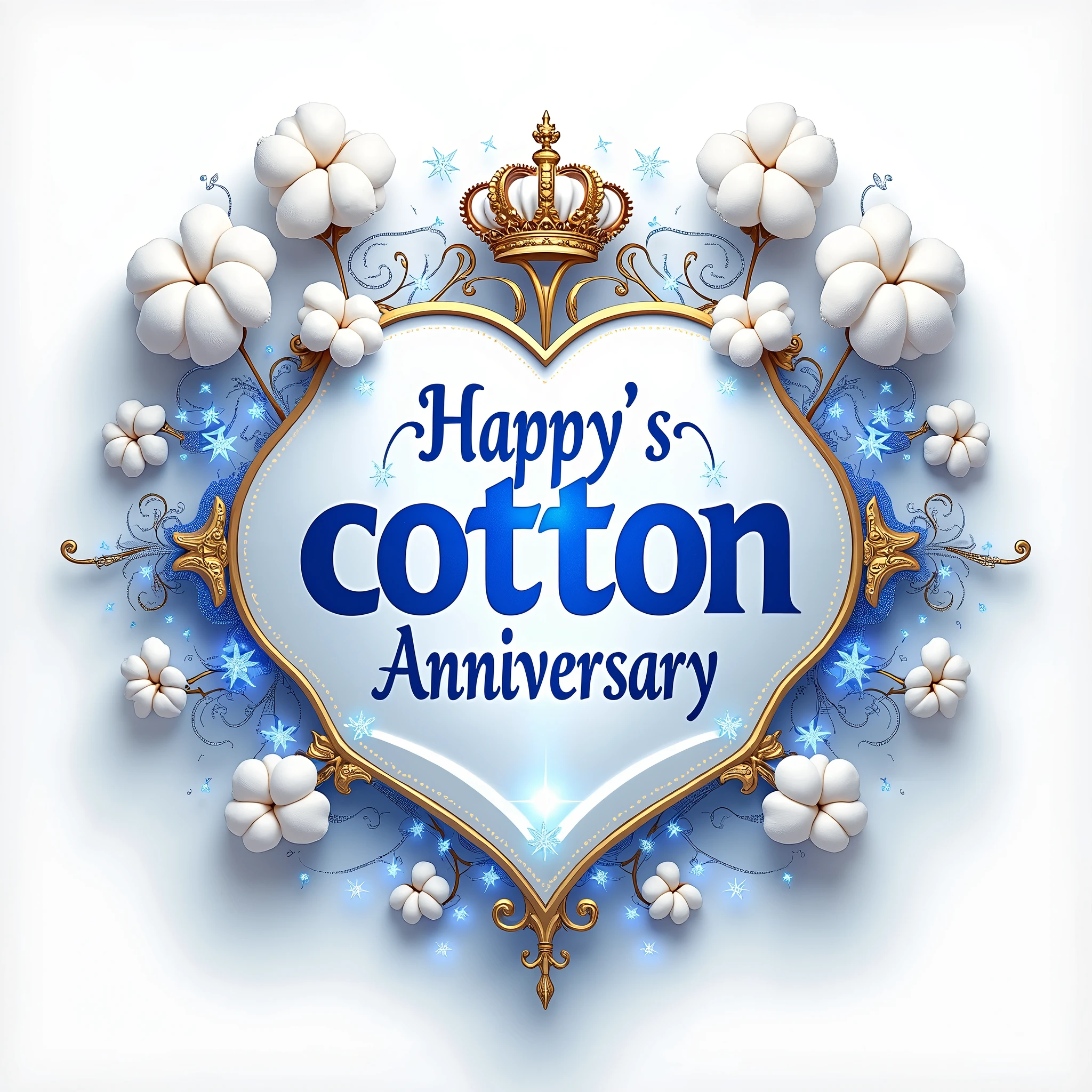 Text: "Joyeuses Noces de Coton au Couple Houmenou"

Colors: Highlight a deep royal blue combined with pure white accents. The main text in royal blue should be rich and luminous, while white details and ornaments will add an elegant and refined contrast.

Typography: Choose a luxurious and ornate typography, such as an elegant cursive or a sophisticated serif font. The letters should be in royal blue with white borders or highlights to create an impression of depth and grandeur.

Decorative Elements: Incorporate stylized cotton motifs and complex decorative patterns around the text, such as white filigree with blue accents. Add opulent elements like golden crowns or blue banners to emphasize the festive and majestic aspect.

Lighting and Effects: Use spectacular lighting to make the royal blue text shine, with golden or silver light effects to accentuate the luxury. Add sparkling light bursts or glimmering reflections around the text to enhance the glamour and sophistication.

Background: Opt for a bright white or slightly pearlescent background to make the blue text and decorative elements stand out. This contrast will highlight the beauty and elegance of the sign.

Overall Ambiance: Create an extravagant and opulent celebratory atmosphere by combining the grandeur of royal blue with the purity of white, and using sumptuous decorative elements. The sign should evoke a sense of luxury and festivity while paying stylish and sophisticated tribute to the cotton anniversary theme.

