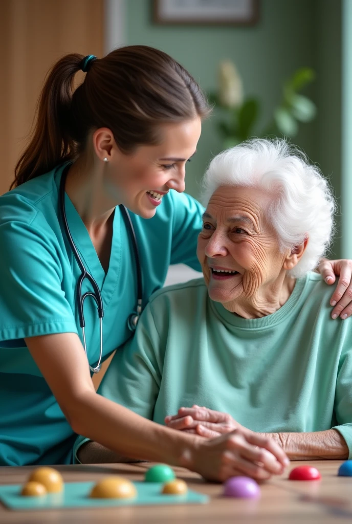 Female occupational therapist in blue or green medical uniform playing with grandmother