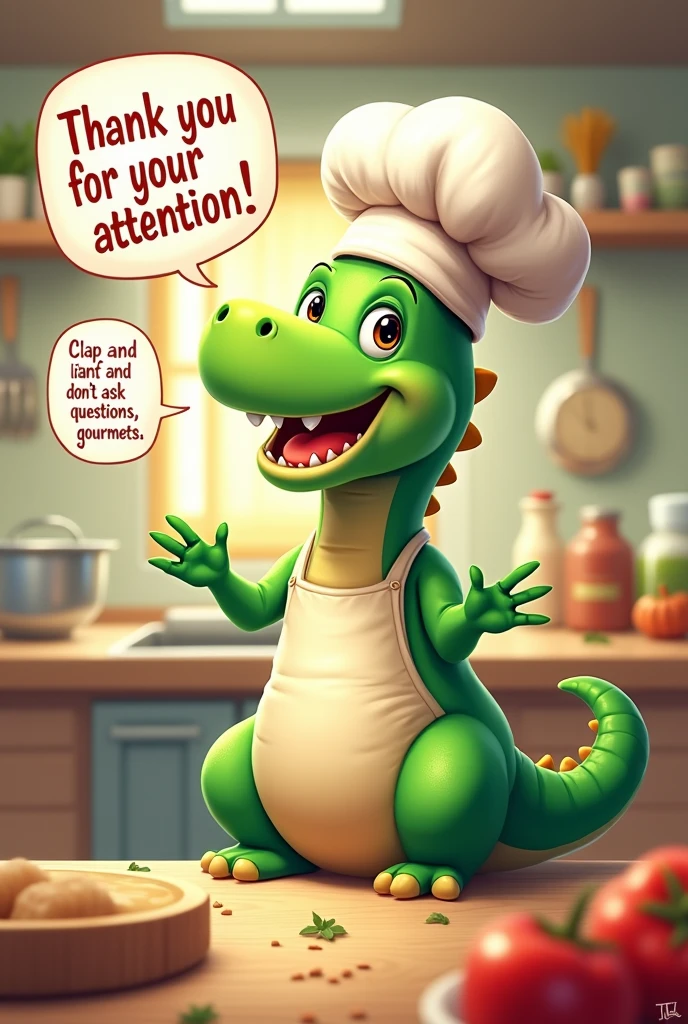 Make a picture of a little green dinosaur dressed as a chef saying thank you for your attention, clap and don't ask questions, dear gourmets