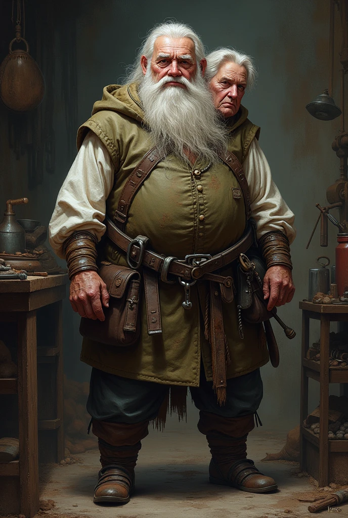 (He is a character from Dungeons and Dragons He is a person who suffers from craniopagus That is to say, He has a little extra head, he has it stuck to his neck. is fat., white, tiene el pelo white largo, He is a person over 50 years old. He is a blacksmith., the extra head is very small