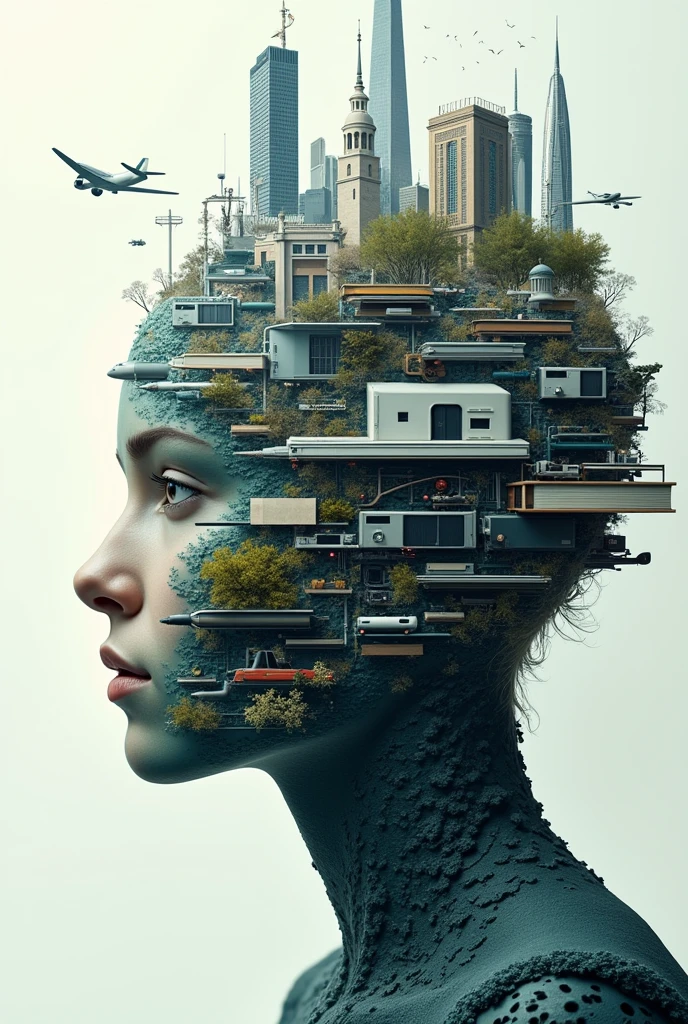 An artificial intelligence face made of architectural elements, design, books, planes, Cars, health and computing