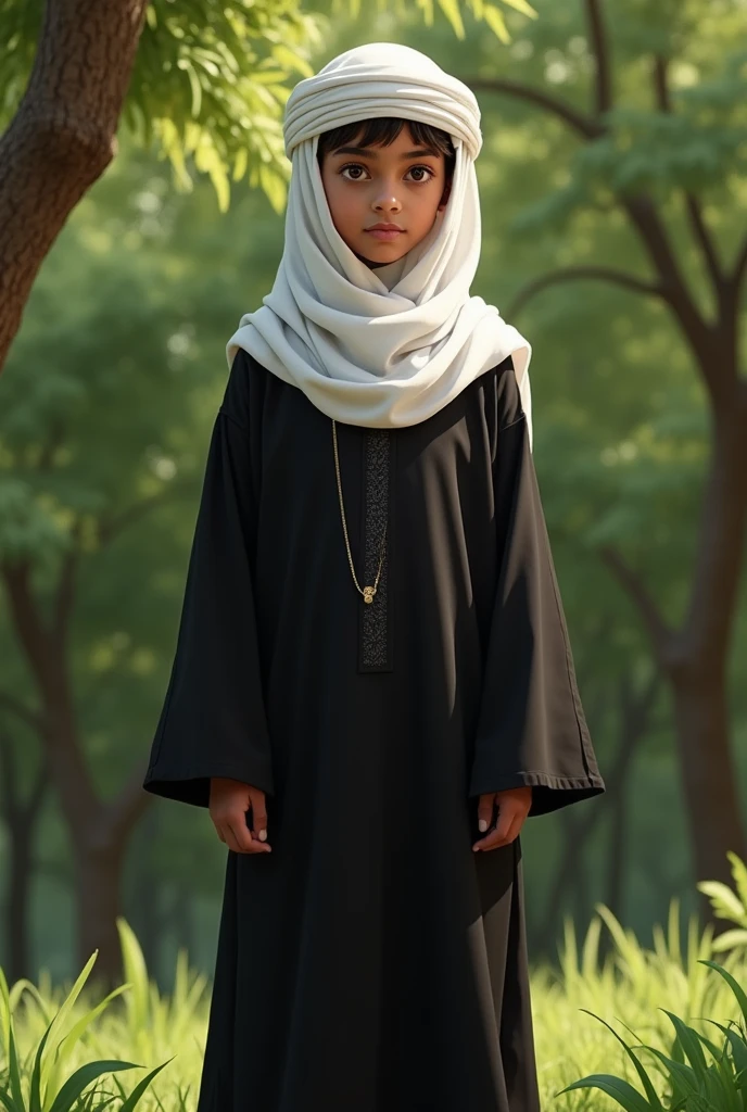 A 16years old boy wearing black kandura with shelia in front of trees