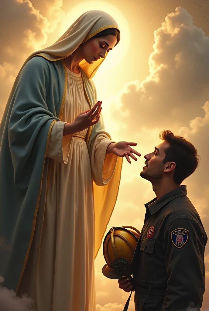 Saint Mary Mother of God blessing a firefighter with helmet in hand