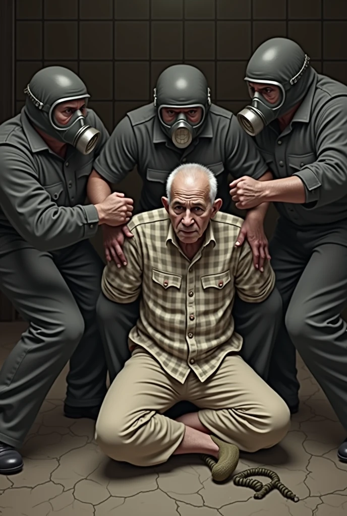 create realistic images An elderly man wearing a checkered shirt and beige pants sits on the floor with a distressed expression, tears streaming down his face. He is being held by two figures in black uniforms and gas masks, one on each side. The background features dim lighting and large windows, creating a tense atmosphere.