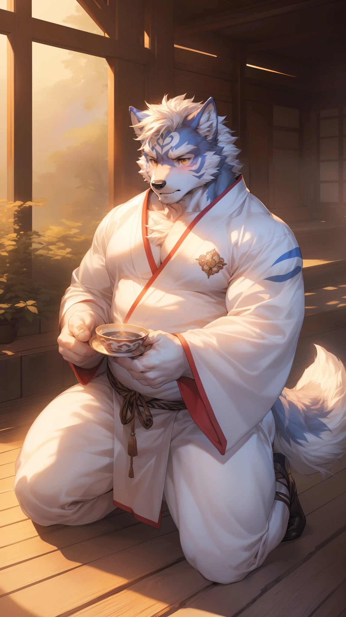 (By Empty Ghost, From thebigslick, By Dark Gem, Will chase), Keyuan Building (Onmyoji Daisenji Temple), High quality photos, Perfect anatomical structure, Anthropomorphic white wolf, male, 30 years old, (wolf print), Thick eyebrows, short hair, Strong body, Fat, White pectoralis major, blue stripes, White Kimono, Pine tree pattern embellishment, Small bump, Pink milk clusters, Kneeling on the wooden floor of the courtyard, a cup of tea, Sad expression, Tears, blush, Golden pupils, Look up at the audience, Clear facial features, Strong, solitary, Bottom view, Full body portrait, early morning, Foggy atmosphere, In the classical garden, White pebbles can be seen everywhere, wild plants, (By Empty Ghost, From wolf20, masterpiece, high quality, high resolution, 8k)