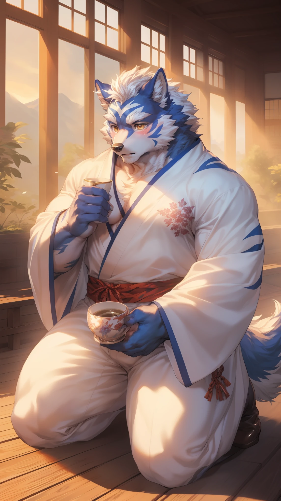 (By Empty Ghost, From thebigslick, By Dark Gem, Will chase), Keyuan Building (Onmyoji Daisenji Temple), High quality photos, Perfect anatomical structure, Anthropomorphic white wolf, male, 30 years old, (wolf print), Thick eyebrows, short hair, Strong body, Fat, White pectoralis major, blue stripes, White Kimono, Pine tree pattern embellishment, Small bump, Pink milk clusters, Kneeling on the wooden floor of the courtyard, a cup of tea, Sad expression, Tears, blush, Golden pupils, Look up at the audience, Clear facial features, Strong, solitary, Bottom view, Full body portrait, early morning, Foggy atmosphere, In the classical garden, White pebbles can be seen everywhere, wild plants, (By Empty Ghost, From wolf20, masterpiece, high quality, high resolution, 8k)