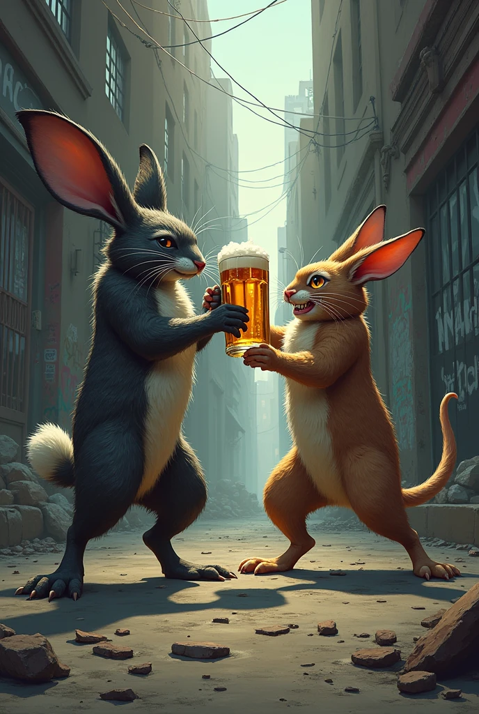 Create an image about a rabbit fighting with a cat over a one-eyed rat holding a beer