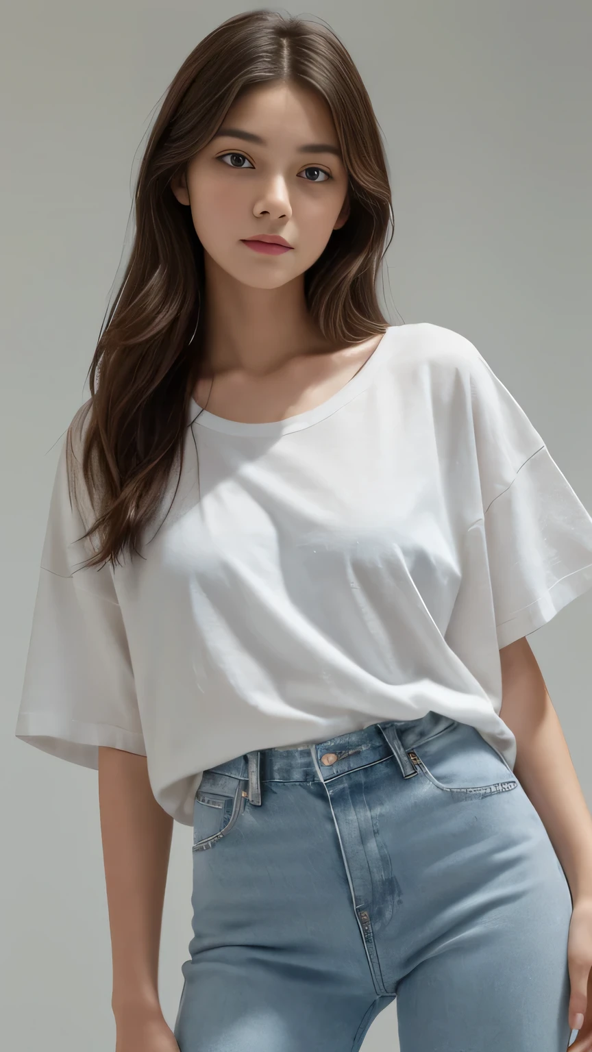  A soft-focus studio photograph of a young woman, pretty face,neutral expression, wearing a plain oversized white t-shirt,light blue jeans, straight-on pose, subtle waves in her hair, standing against a light grey background. Soft natural lighting, muted shadows, high-definition quality 