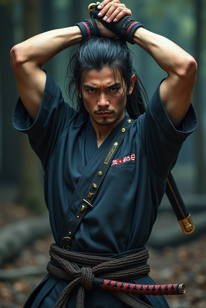 samurai warrior, ((masterpiece, highest quality, Highest image quality, High resolution, Raw photo, 8K)), ((Extremely detailed CG unified 8k wallpaper)), (huge stunning warrior shot, full body, musclural body beauty:1.4), black hair, black hair, nervous, Posing for the camera, In a warrior fighting stance, unkempt hair, a stern look, and dual swords, symbolizing his mastery of the dual-wielding technique. Pose: Holding both swords, one above his head and one in front, in a ready stance, showcasing his adaptability and readiness., photorealistic, 16k, 8k, 4K, award winning