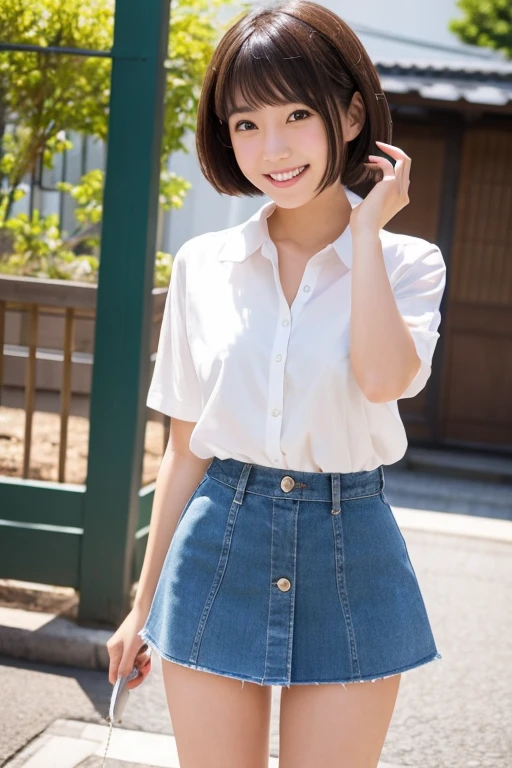 A short-haired Japanese woman in a miniskirt with a cute smile