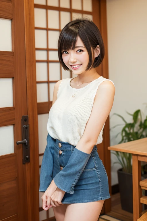 A short-haired Japanese woman in a miniskirt with a cute smile