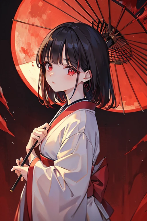 masterpiece, best quality, government art, 8k wallpaper, ancient detail, illustration, dynamic ink-and-wash painting of the Japanese bamboo forests, great art, great depth, ground photography, the world's most beautiful bamboo forest, a woman under the red moon (high-quality makeup glamorous earrings with red eyes), fingers on her lips, raining, and looking down from above holding a Japanese-style umbrella