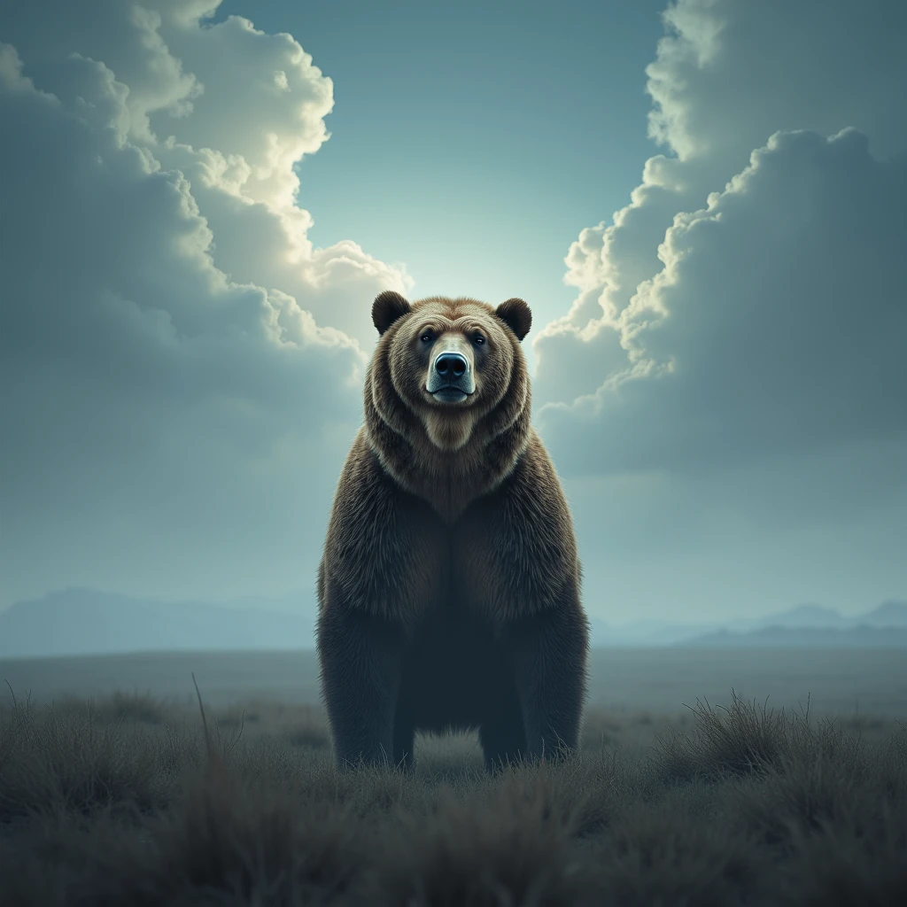 (brown bear), On an open tundra, a brown bear stands tall, gazing into the distance. Its figure appears particularly small under the vast sky, but its eyes reveal firmness and vigilance. The colors are mainly the gray of tundra and the blue of the sky, and the light and shadow are mainly the vastness of the sky and the changes in clouds. The details are reflected in the fluttering hair of the brown bear and the depth of its gaze. Beautiful cinematic lighting, surreal, color graded, dynamic movement, captivating chiaroscuro, full body, award-winning, cinematic still, emotional, vignette, dynamic, vivid, (masterpiece, best quality, photorealistic, Professional, perfect composition, very aesthetic, absurdres, ultra-detailed, intricate details:1.3)