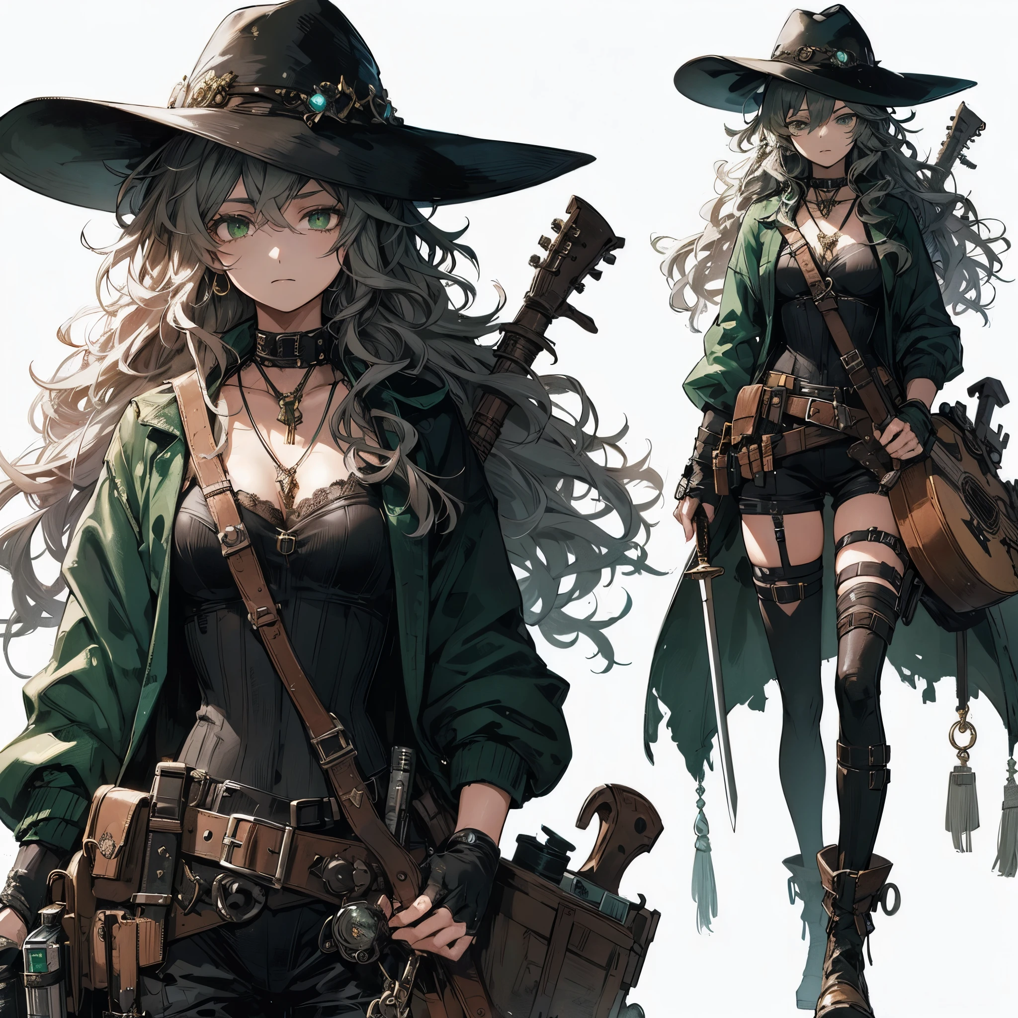 (Masterpiece, Top Quality), (Fine Hair), Ultra-Detailed, Anime like illustration Style, Solo, Full Length, ultra-massive. muscular, she is a fantasy wanderer-style vagrant girl, head on black-green wide brim hat, ash-grey curly hair, narrow eyes. sleepy standing, black-green jacket, bodysuits, held guitar and rapier at her waist, and thigh-length boots, her standing in wasteland! White background, standing full length,