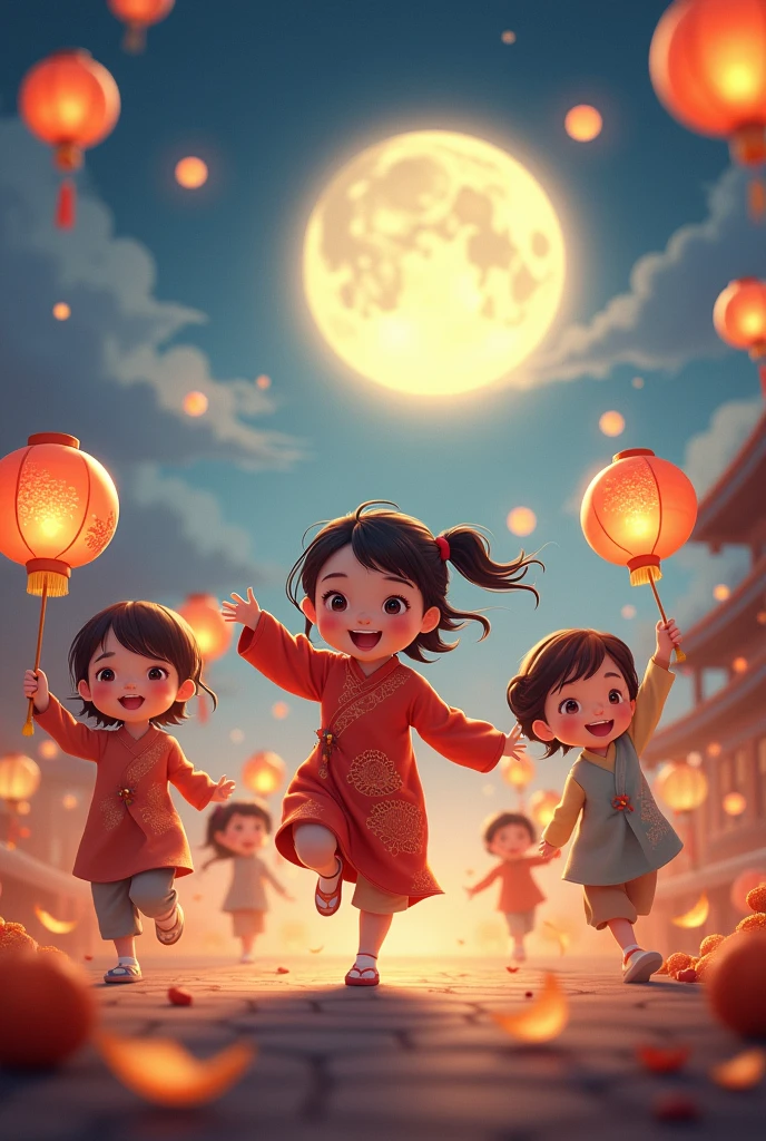 Children holding mid-autumn lanterns run around and play under the bright full moon.