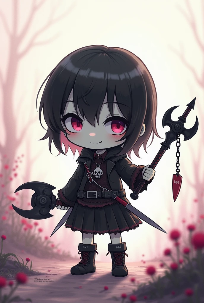 Black and White, Zombie warrior holding Gothicpunk weapons. anime pastel dream. kawaiitech pastel colors, moecore. chibicore. soft cute shoujo anime style.