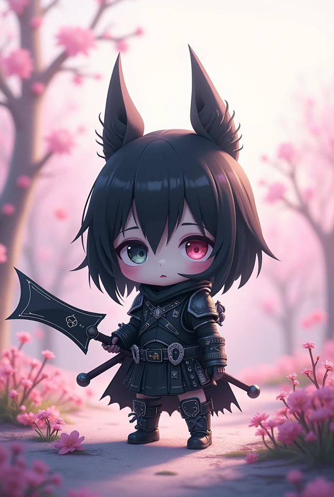 Black and White, Zombie warrior holding Gothicpunk weapons. anime pastel dream. kawaiitech pastel colors, moecore. chibicore. soft cute shoujo anime style.
