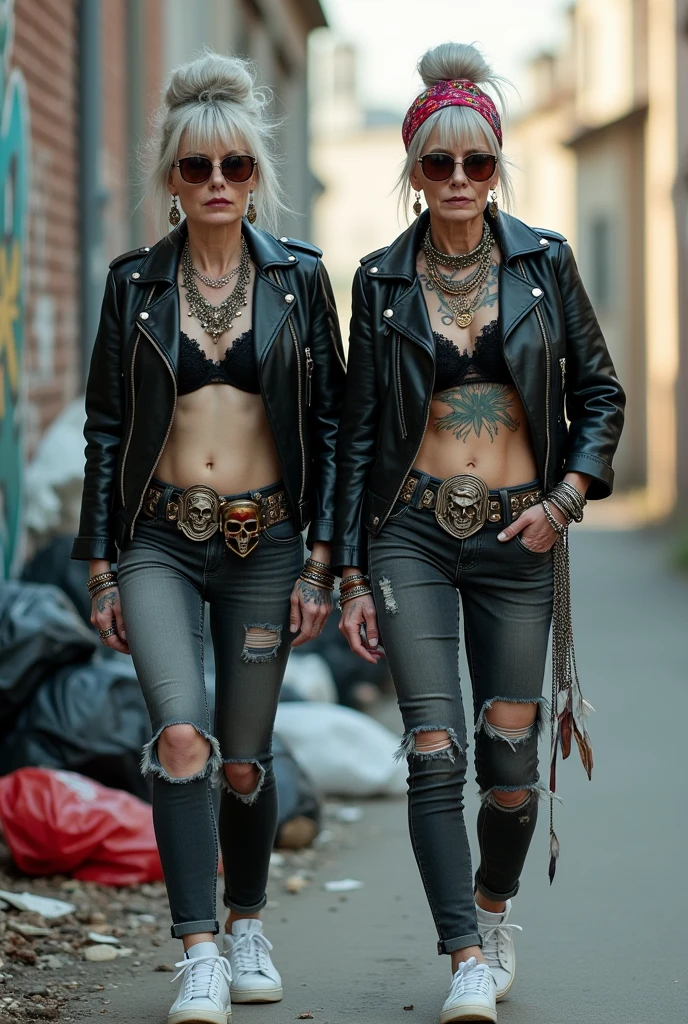 Two russian old milf women, one is the leader, alfa attitude , the other, submissive attitude. grey hair (bougfant, top bun) and oversized square sunglasses and wide  colourful bandana as headband), with very light green eyes, extremely pale. Big lips. No tan. Wearing aged black moto jacket (zippers on the side, skull and bones pins).  Black lace push up bra, silicone breast,, dark skinny low rise grey jeans with holes on knees ( patched with colourful fabric). White tennis sneakers. Lots of thick wide studded bracelets, chain collars and big rings. Tacky wide studded leather belt with big skull and bones oval buckle. Long earrings with chains and feathers. Walking with hands in pockets, stretching her neck, craving., Neck, chest, stomach and wrists heavily tattoed. Toned abdominals, thin neck, slim legs and thin arms. Narrow hips and slim legs.  Graffitied wall behind, waste on the groun and piled garbage bags around