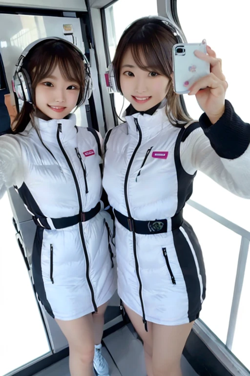 (Masterpiece, high quality), plural, , female students, slim, Flat Chest, Gym locker room, (White panties), White sports bra, navel,headphone,look at viewer,smile,enjoy,(Group selfie), Wide-angle, Soft Light BREAK astrovest,inside space station,futuristic room,