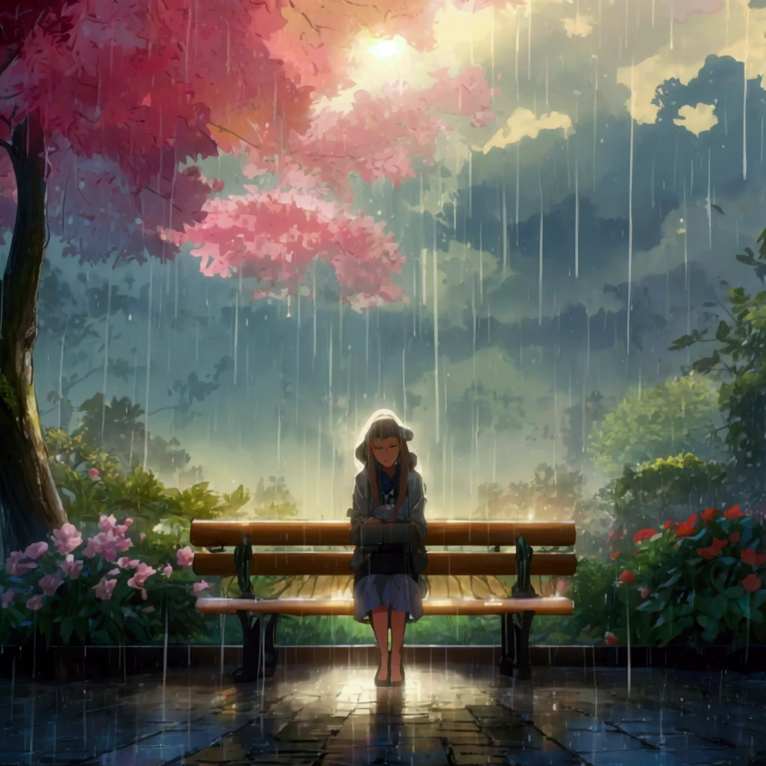 Illustrate a peaceful, rain-soaked garden, where a person is sitting quietly on a bench, looking up as the clouds part to reveal a radiant light breaking through. The light represents God hearing their cry and offering comfort.