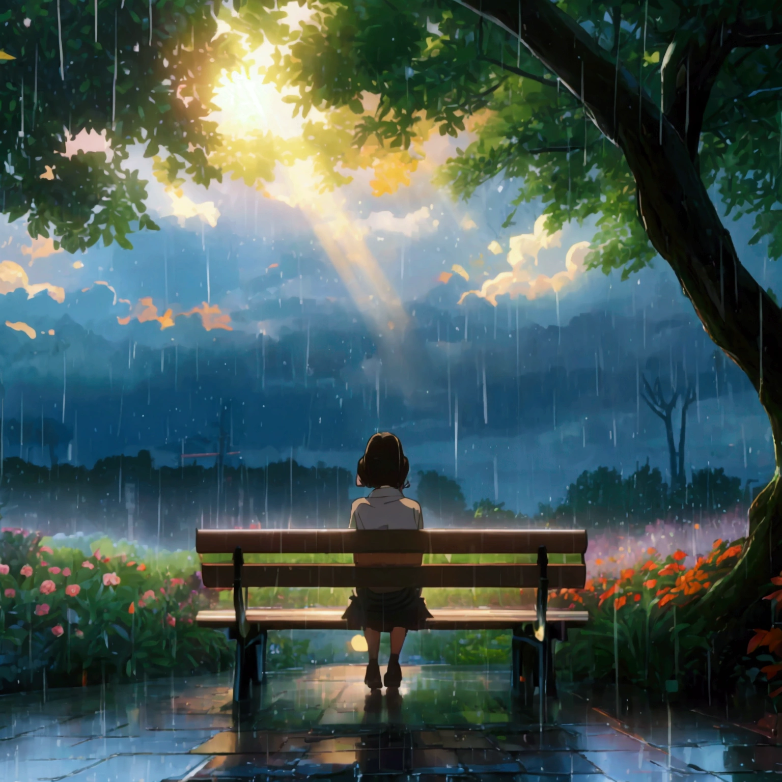 Illustrate a peaceful, rain-soaked garden, where a person is sitting quietly on a bench, looking up as the clouds part to reveal a radiant light breaking through. The light represents God hearing their cry and offering comfort.