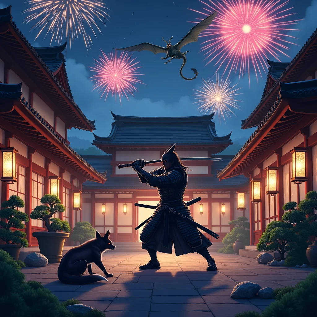 "A legendary samurai warrior in an aggressive attack stance, holding a katana with both hands, ready to strike. The scene is set at night in the central courtyard of a traditional Japanese house, illuminated by lanterns (lampions). At the samurai's feet is a mythical Japanese fox (kitsune) with nine tails. Nearby, a Kirin stands, and a majestic dragon flies above in the night sky. Vibrant Japanese fireworks explode in the sky, adding color and light to the scene. The courtyard is adorned with bonsai trees and stone pathways, creating a mystical and intense atmosphere."