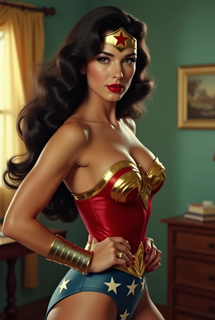 Screengrab of 1950's Super Panavision 70 movie. Retro in color. Wonder Women in sexiest pos.
