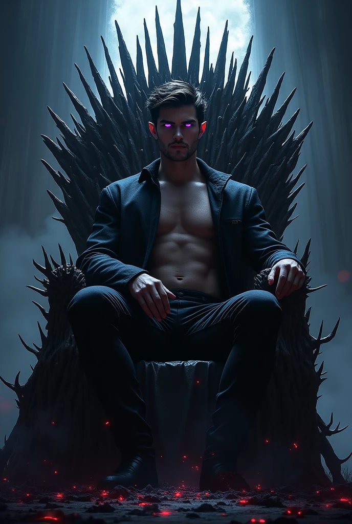 A distant image, of a large black throne of thorns and everything is dark, and an extremely handsome man, with purple eyes and pointy ears, muscular black hair, very y, dressed all in black, sitting smugly, con una mirada very sexglowing home light