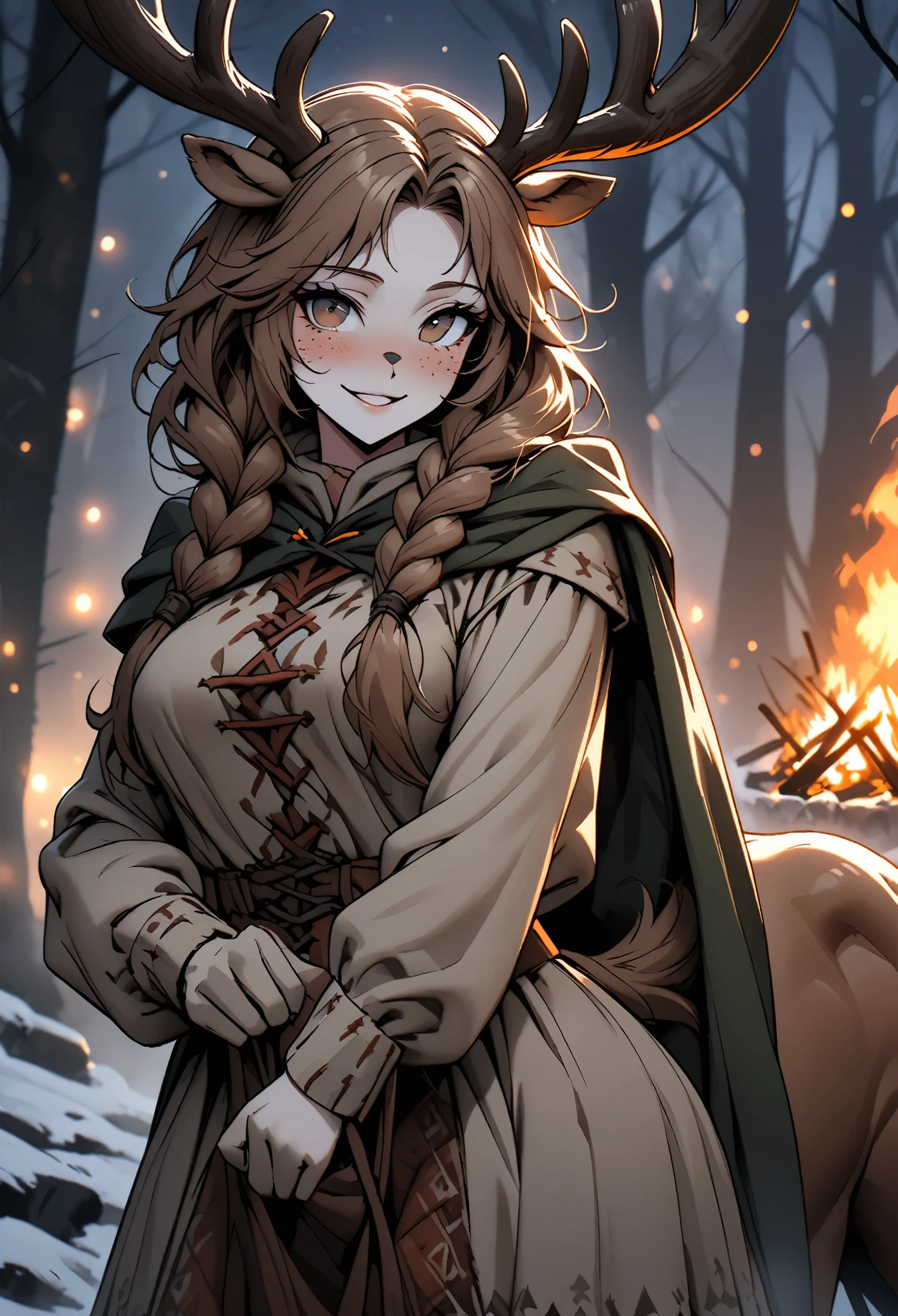 Solo:1.4, female, close up, long brown hair, wild hair, deer antlers, huge woman, brown eyes, cape and winter clothes, winter, forest, freckles, smile, ((deertaur)), villager clothes, medieval, deer body, furry lower body, braids, undressing, underwear, blush, romantic, dark, bonfire lightening, night, from the waist up