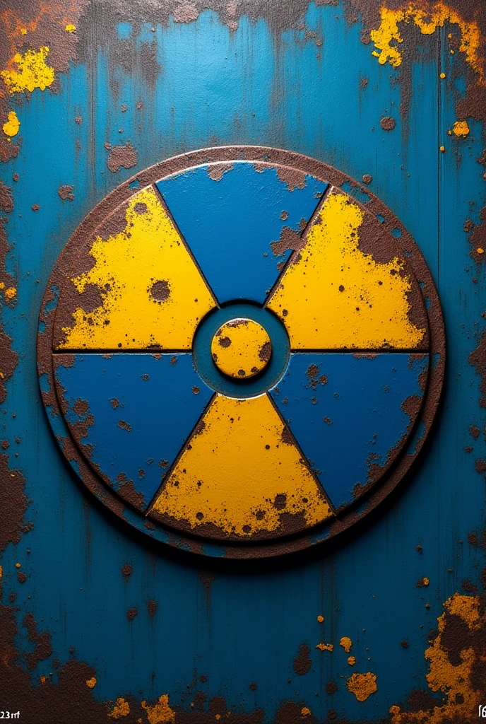 crea un logo con este logo ☣️ y esta descripción La imagen muestra un símbolo de radiación con un estilo desgastado y texturizado. The symbol, composed of three triangular segments and a central circle, It is painted in blue and yellow colors, which are mixed in several areas due to the corroded and torn texture of the surface. The background is also predominantly blue., with yellow stains and corroded areas that appear to have been scraped or deteriorated, giving a feeling of decay or deterioration.
The symbol de radiación parece estar hecho de metal, and its surface shows obvious signs of wear, such as rust or corrosion, which contributes to the overall aged and rustic look of the image. The play of light and shadow also enhances the relief and texture of the symbol., giving it a three-dimensional appearance.
The dark background, with deep shadows, makes the vibrant colors of the symbol pop even more, giving the image an ominous or dangerous atmosphere, typically associated with radioactive materials warnings. besides, There are watermarks of "123RF" in the upper left and right corners, which indicates that the image is a stock file