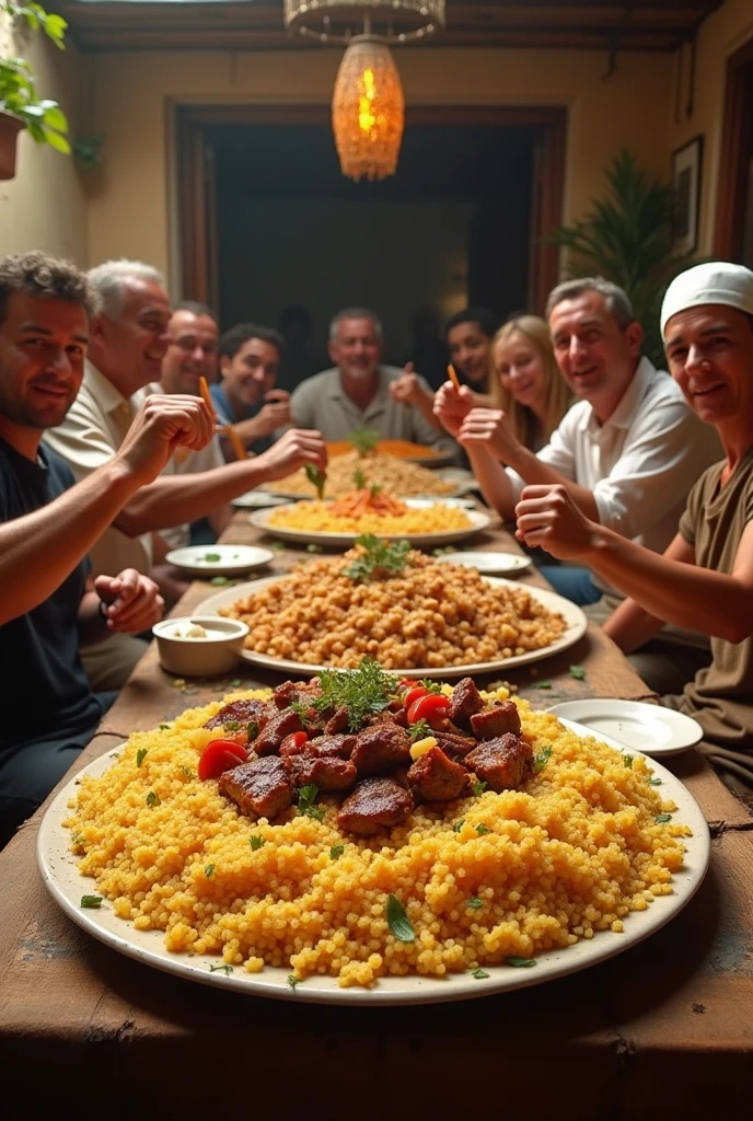 Men and women eating a giant plate of couscous with meat, real life