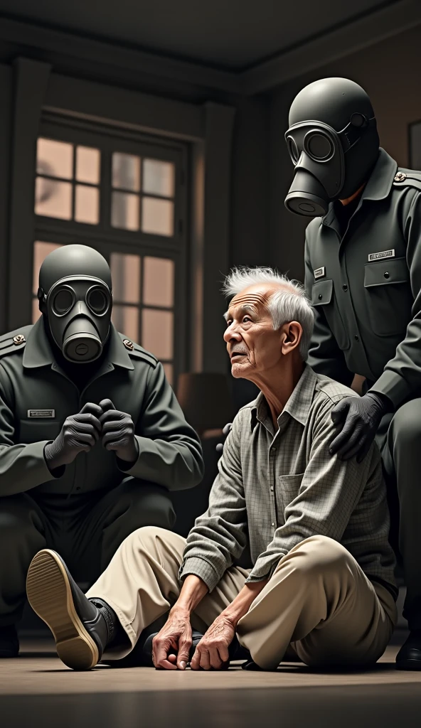create realistic images An elderly man wearing a checkered shirt and beige pants sits on the floor with a distressed expression, tears streaming down his face. He is being held by two figures in black uniforms and gas masks, one on each side. The background features dim lighting and large windows, creating a tense atmosphere.
