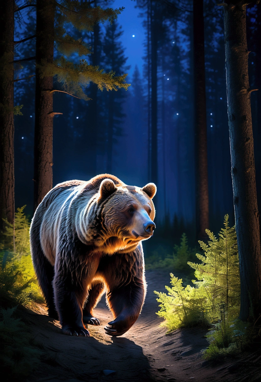 (brown bear), In the forest at night, a brown bear walks quietly under the moonlight, with light and steady footsteps. The trees around cast long shadows under the moonlight, creating a mysterious atmosphere. The colors are mainly dark blue and black at night, and the light and shadow are mainly the brightness of moonlight and the twinkling of starlight. The details are reflected in the outline of the brown bear and the tranquility of the forest at night. Beautiful cinematic lighting, surreal, color graded, dynamic movement, captivating chiaroscuro, full body, award-winning, cinematic still, emotional, vignette, dynamic, vivid, (masterpiece, best quality, photorealistic, Professional, perfect composition, very aesthetic, absurdres, ultra-detailed, intricate details:1.3)