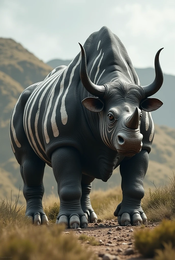 Mix a bull and a black and white rhinoceros 