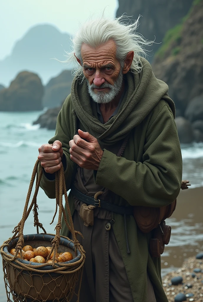 (He is a Dungeons and Dragons character He is a 3 person He is quite thin Somewhat hunched He has very, very white hair He is a shell fisherman