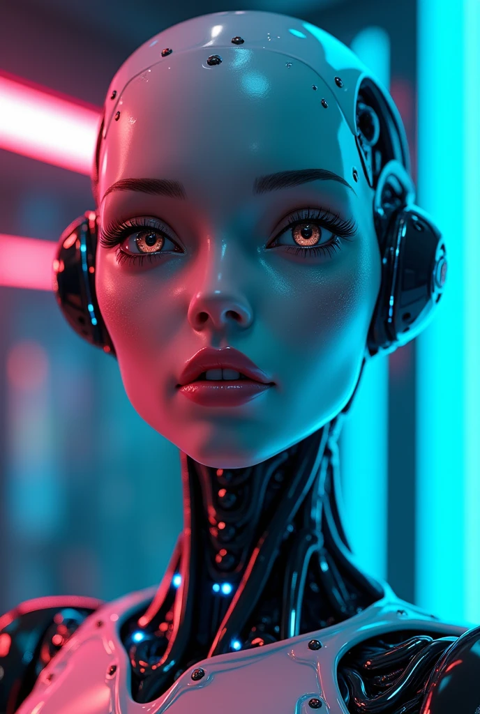 front view (3), a sexy female robot,glossy metallic body, glowing blue circuitry, beautiful detailed eyes,beautiful detailed lips,extremely detailed face and skin,long eyelashes,seductive pose,intricate mechanical details,futuristic sci-fi setting,dramatic lighting,cinematic composition,(best quality,4k,8k,highres,masterpiece:1.2),ultra-detailed,(realistic,photorealistic,photo-realistic:1.37),highly detailed, cinematic, dramatic lighting,vibrant neon colors